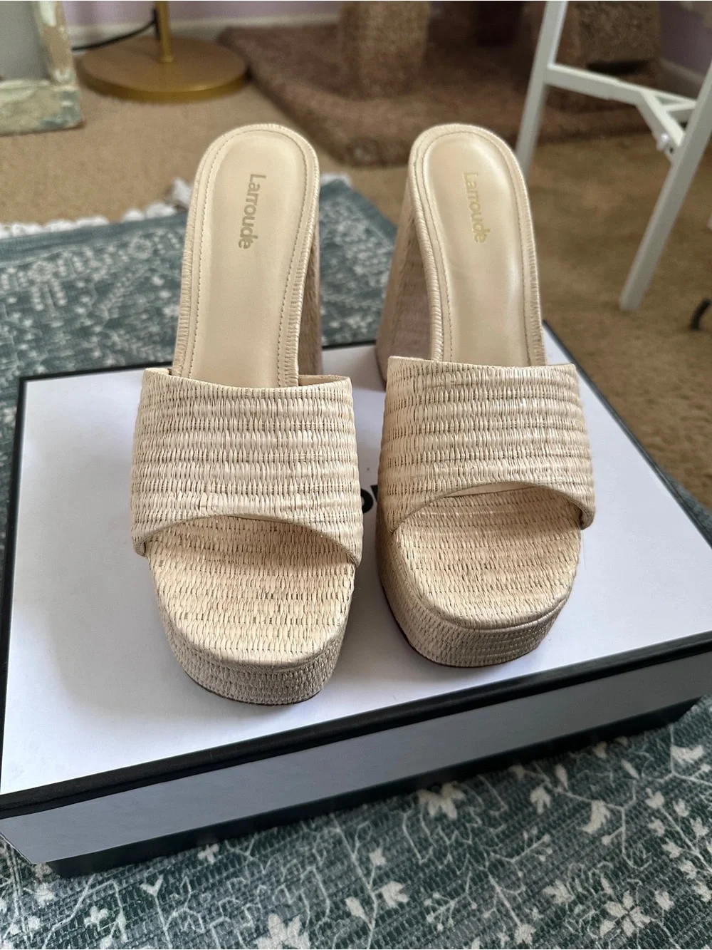 Larroude Natural Raffia Platform Block Heel Slides